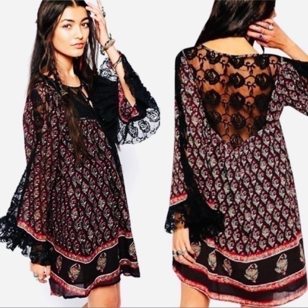 Free People Nomad Child Boho Black Floral Lace Detail Dress Tie Tassel neck xs